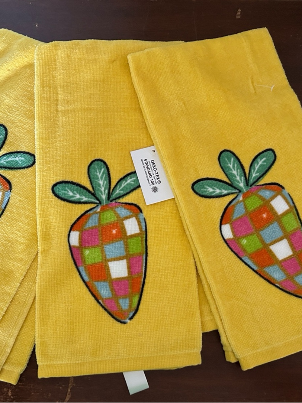 Bright Yellow Kitchen Towels with Colorful Checkered Carrot Motif set of 3